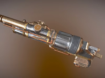 Steampunk Weapon Design Featuring Metal Barrel Mechanical Details And Golden Silver Accents 3d model