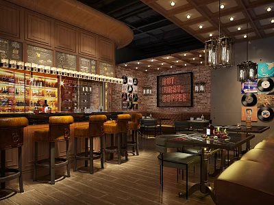 Cozy Bar Interior With Wooden Bar Counter Leather Stools And Brick Wall Decor 3d model