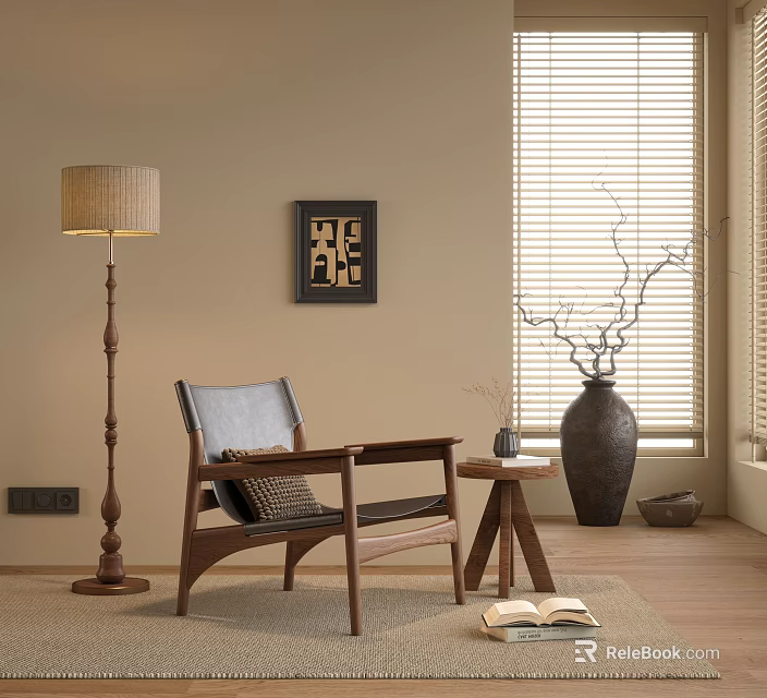 Leisure Chair With Wooden Frame Gray Cushion Side Table And Floor Lamp In Warm Interior 3d model 