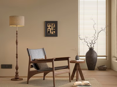 Leisure Chair With Wooden Frame Gray Cushion Side Table And Floor Lamp In Warm Interior 3d model