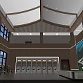 Modern Service Hall Interior With Wooden Ceiling Waiting Seats And Decorative Painting