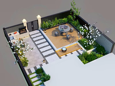 Outdoor Garden Landscape Design With Wooden Deck Stone Pathway Dining Set Greenery And White Flowers 3d model
