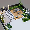Outdoor Garden Landscape Design With Wooden Deck Stone Pathway Dining Set Greenery And White Flowers