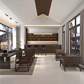 Hotel Public Lounge Area Featuring Large Windows Comfortable Sofas Wooden Long Table And Bookshelves