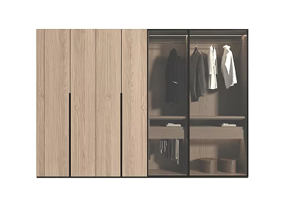 Modern Wooden Wardrobe Interior Design With Open Hanging Section And Storage Drawers 3d model