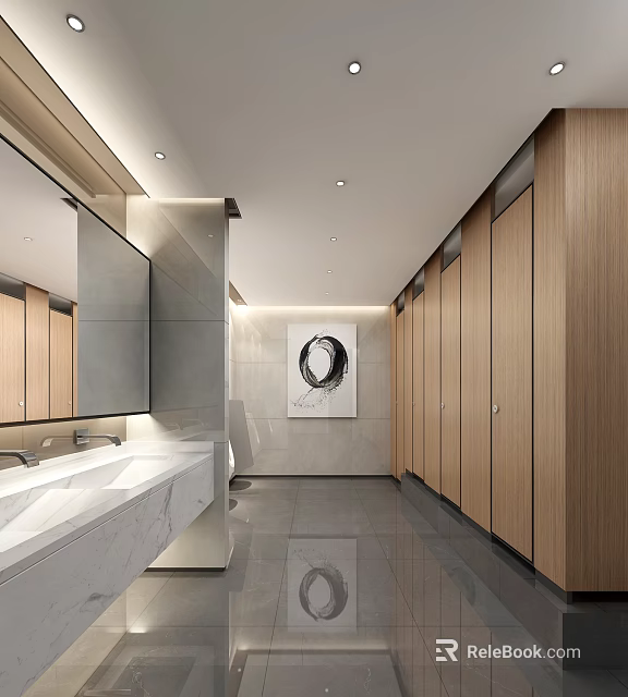 Modern Public Restroom With Wooden Stalls Marble Sink Counter Mirrors And Decorative Painting 3d model 