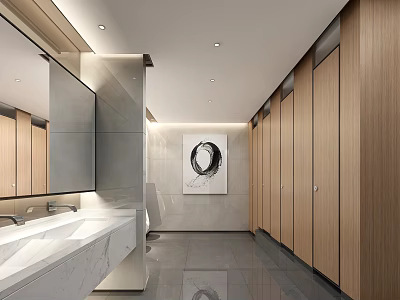 Modern Public Restroom With Wooden Stalls Marble Sink Counter Mirrors And Decorative Painting 3d model