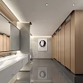 Modern Public Restroom With Wooden Stalls Marble Sink Counter Mirrors And Decorative Painting