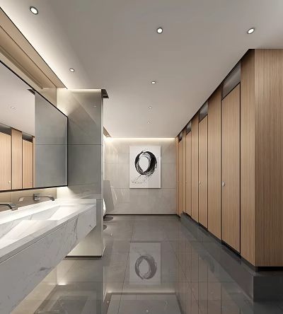 Modern Public Restroom With Wooden Stalls Marble Sink Counter Mirrors And Decorative Painting 3d model
