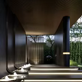 Modern Garden Landscape With Hexagonal Textured Wall Green Trees And Luxury Entrance