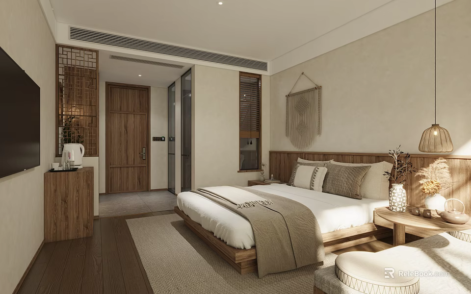 Modern Elegant Hotel Room Interior With Wooden Bed Nightstand Decorative Art Wooden Flooring And Area Rug 3d model 