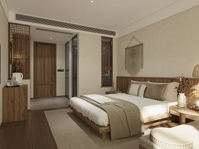 Modern Elegant Hotel Room Interior With Wooden Bed Nightstand Decorative Art Wooden Flooring And Area Rug 3d model