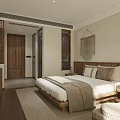 Modern Elegant Hotel Room Interior With Wooden Bed Nightstand Decorative Art Wooden Flooring And Area Rug