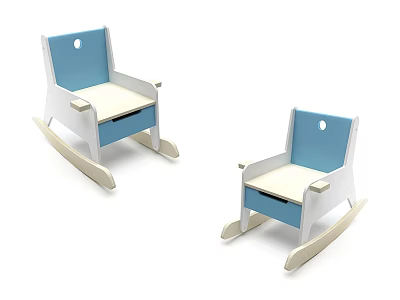 Wooden Children's Rocking Chair with Blue and White Armrests and Small Drawer 3d model