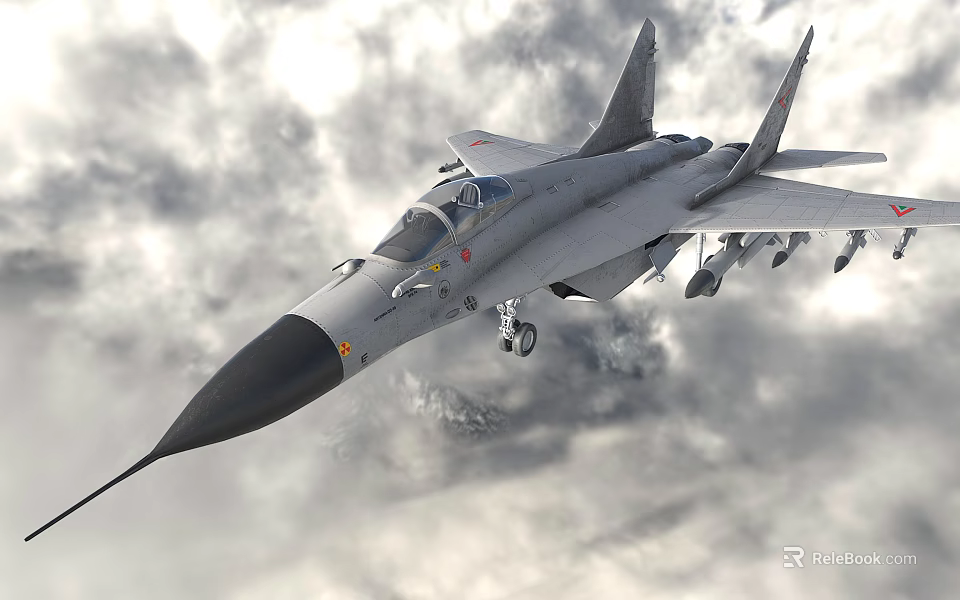 Military Fighter Jet Flying Through Clouds with Deployed Landing Gear and Missiles 3d model 