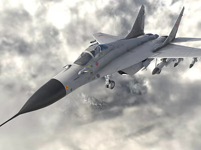 Military Fighter Jet Flying Through Clouds with Deployed Landing Gear and Missiles 3d model