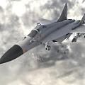 Military Fighter Jet Flying Through Clouds with Deployed Landing Gear and Missiles