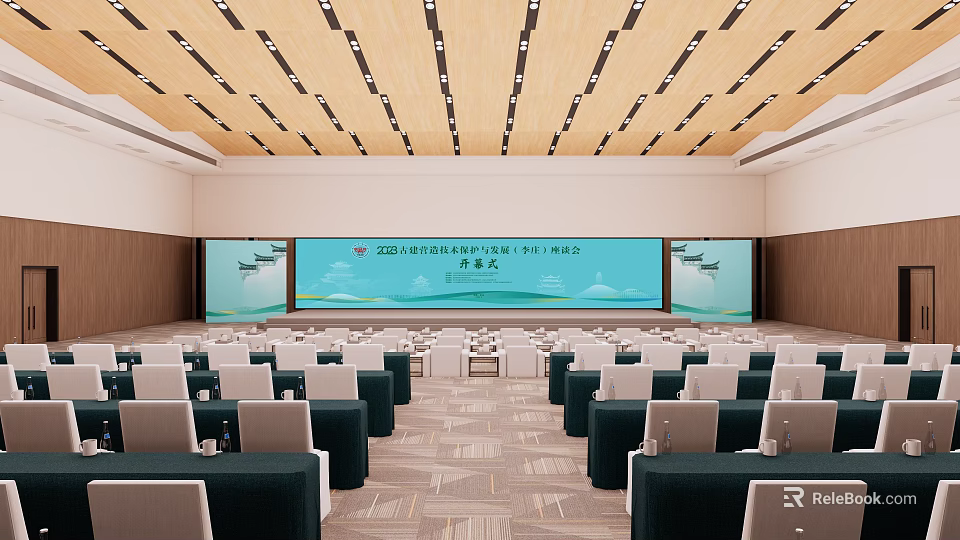 Modern Conference Room Interior With Large Screen Arranged Tables Chairs And Wooden Ceiling 3d model 