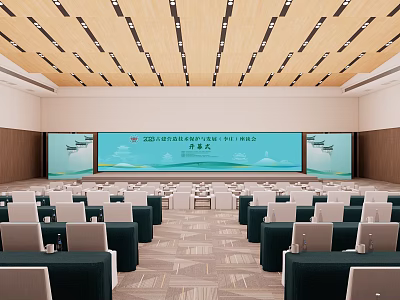 Modern Conference Room Interior With Large Screen Arranged Tables Chairs And Wooden Ceiling 3d model