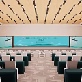 Modern Conference Room Interior With Large Screen Arranged Tables Chairs And Wooden Ceiling