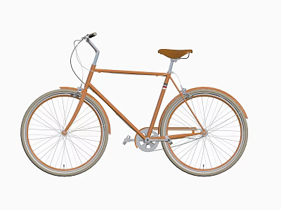 Orange Vintage Bicycle With Brown Seat Curved Handlebars And Large Wheels 3d model