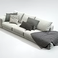 Modern Light Gray Three Seater Sofa with Patterned Cushions and Ottoman Knitted Blanket 3d model