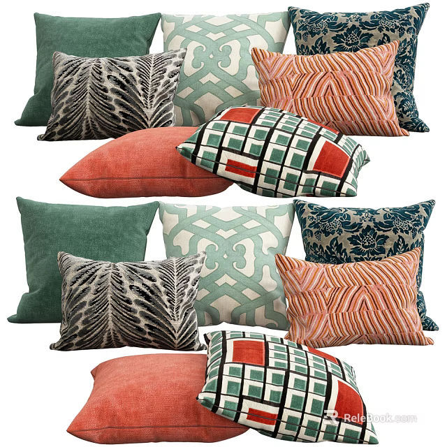 Assorted Decorative Pillows Featuring Geometric Patterns and Bright Green Orange Hues 3d model