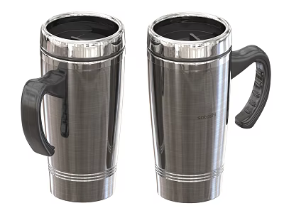 Two Stainless Steel Insulated Mugs With Black Handle And Double Wall Design 3d model