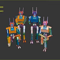Four Animated Game And Movie Robot Characters With Orange And Blue Design In Different Poses