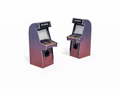 Two Retro Space Themed Arcade Machines With Purple Black Design 3d model