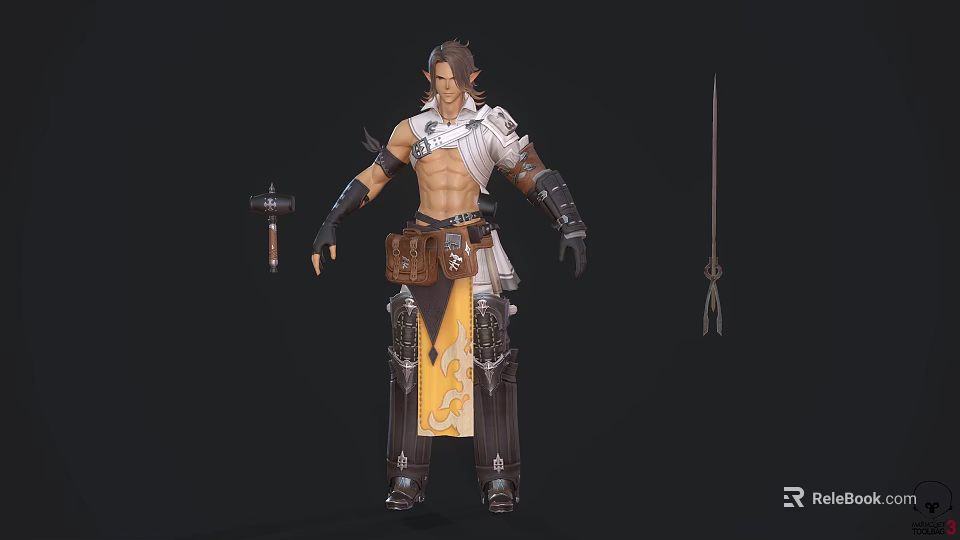 Game Movie Character Warrior With Detailed Armor Yellow Sash Leather Pouch And Weapons 3d model 
