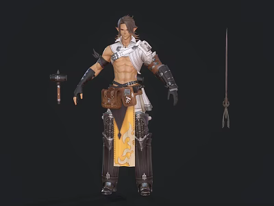 Game Movie Character Warrior With Detailed Armor Yellow Sash Leather Pouch And Weapons 3d model