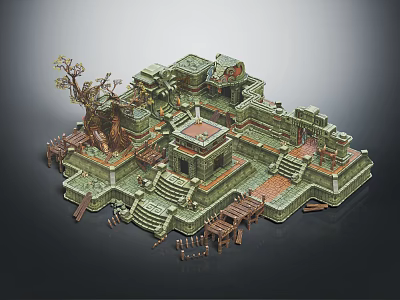 Cartoon Adventure Scene With Stone Steps Multiple Platforms Ancient Tree And Wooden Bridges 3d model
