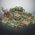 Cartoon Adventure Scene With Stone Steps Multiple Platforms Ancient Tree And Wooden Bridges