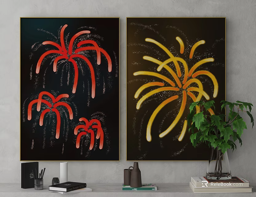Two Fireworks Paintings Red Yellow on Black Background with Green Plant and Books 3d model 