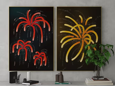 Two Fireworks Paintings Red Yellow on Black Background with Green Plant and Books 3d model