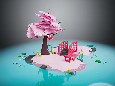 Enchanting Pink Island With Cherry Blossom Tree Red Bridge Bench And Lily Pads 3d model