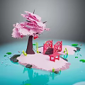 Enchanting Pink Island With Cherry Blossom Tree Red Bridge Bench And Lily Pads