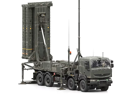 Military Weapon System Mounted On Heavy Duty Truck With Launcher Antenna And Stabilizers 3d model