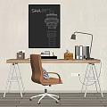 Modern Wooden Desk Setup With Orange Chair Desk Lamp Books And Wall Poster