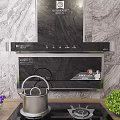 Modern Kitchen With Range Hood Gas Stove Marble Wall Green Plants And Pot