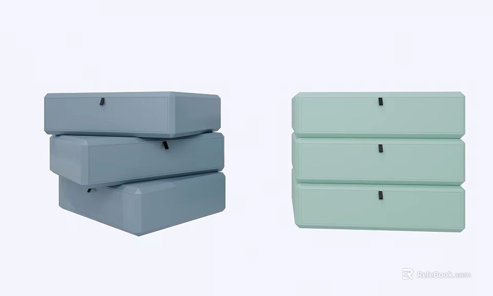 Modern Minimalist Bedside Tables in Gray and Light Green with Three Drawers Each 3d model 