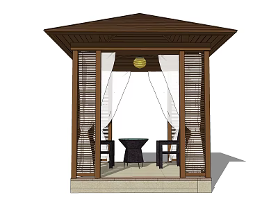 Elegant Wooden Gazebo Interior Design With Louvered Panels Hanging Lamp And Furniture 3d model