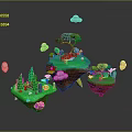 Enchanting Floating Island Landscape With Green Grass Trees Mushrooms Small Bridge And Clouds