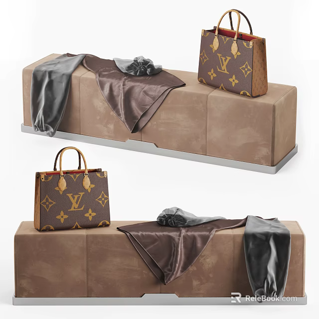 Brown Suede Sofa Bench With LV Patterned Bags And Dark Scarves 3d model