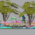 Kids Playground With Colorful Flooring Curved Slides Circular Structures And Trees