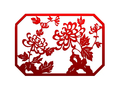 Red Paper Cut Wall Decor With Chrysanthemum And Leaf Patterns In Octagonal Frame 3d model