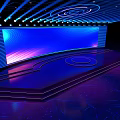 Modern Stage With Large Deep Blue Screen Geometric Ceiling Lines And Circular Halo Lights