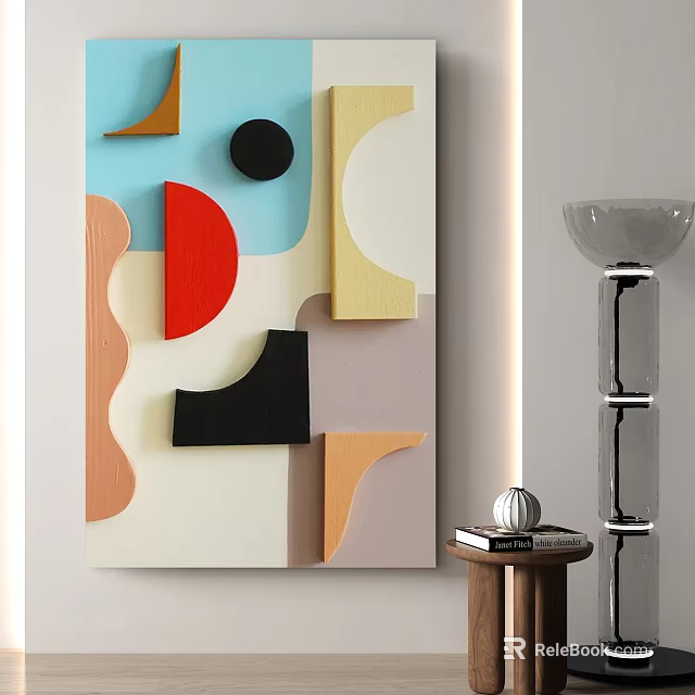 Abstract Geometric Wall Art With Modern Floor Lamp And Side Table 3d model