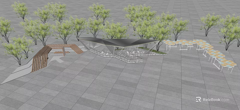 Modern Pergola Design With Seating Areas And Green Trees In Urban Plaza 3d model 